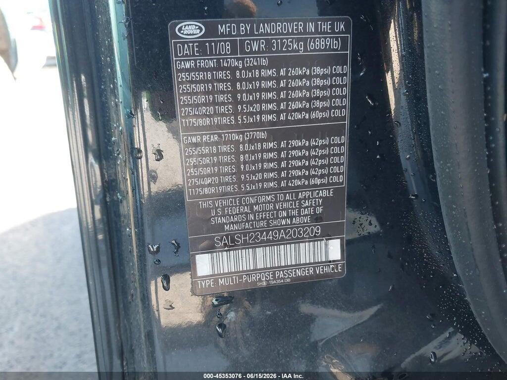 SALSH23449A203209 2009 LAND ROVER RANGE ROVER SPORT photo no. 9