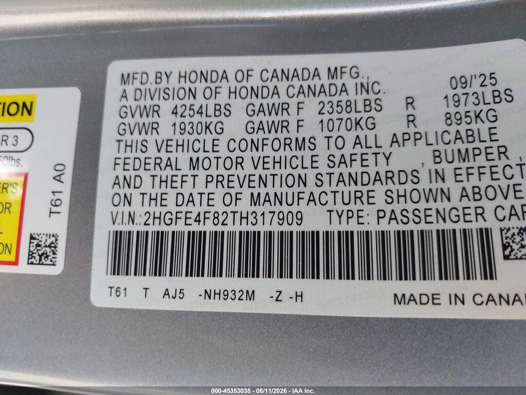 2HGFE4F82TH317909 2026 HONDA CIVIC HYBRID photo no. 9