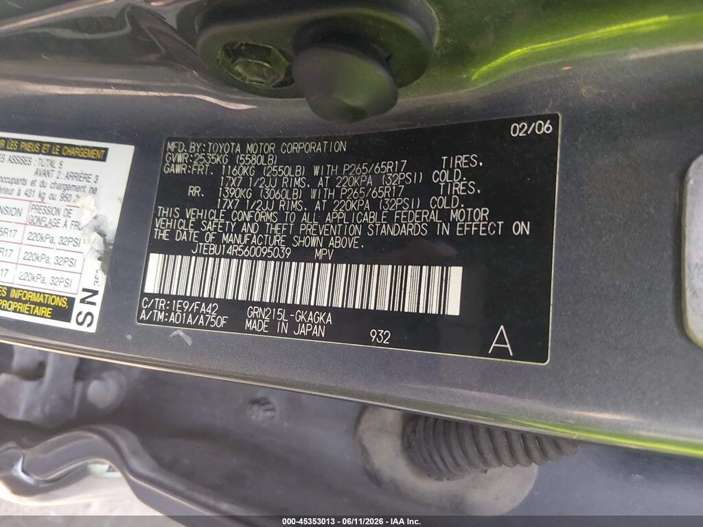 JTEBU14R560095039 2006 TOYOTA 4RUNNER photo no. 9