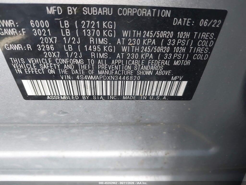 4S4WMAPDXN3446820 2022 SUBARU ASCENT photo no. 9