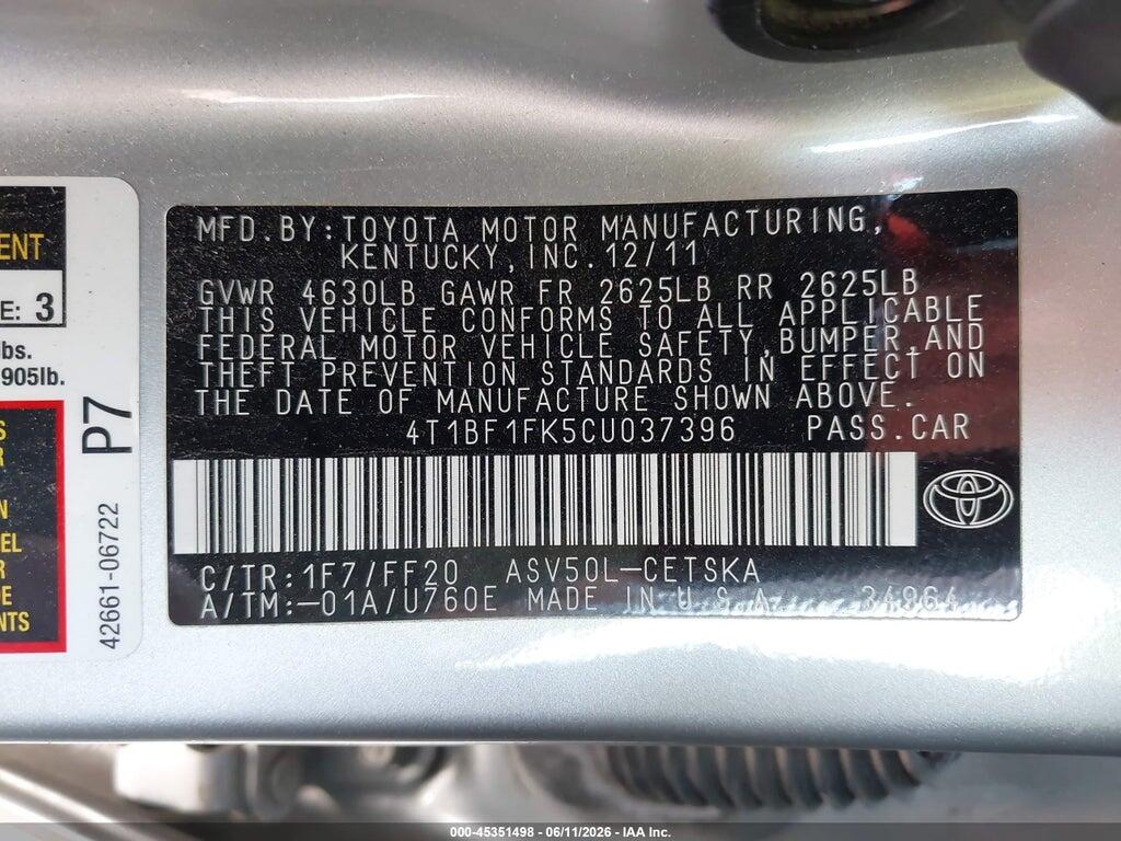 4T1BF1FK5CU037396 2012 TOYOTA CAMRY photo no. 9