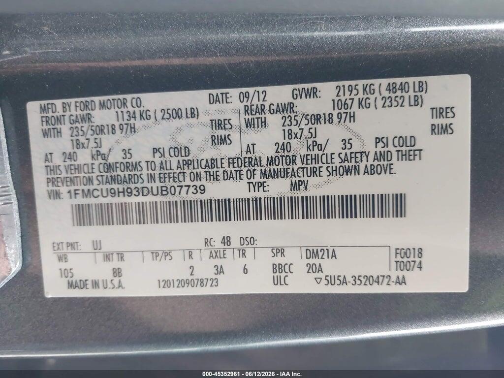 1FMCU9H93DUB07739 2013 FORD ESCAPE photo no. 9