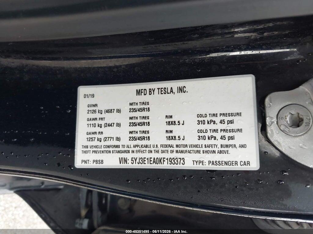 5YJ3E1EA0KF193373 2019 TESLA MODEL 3 photo no. 9