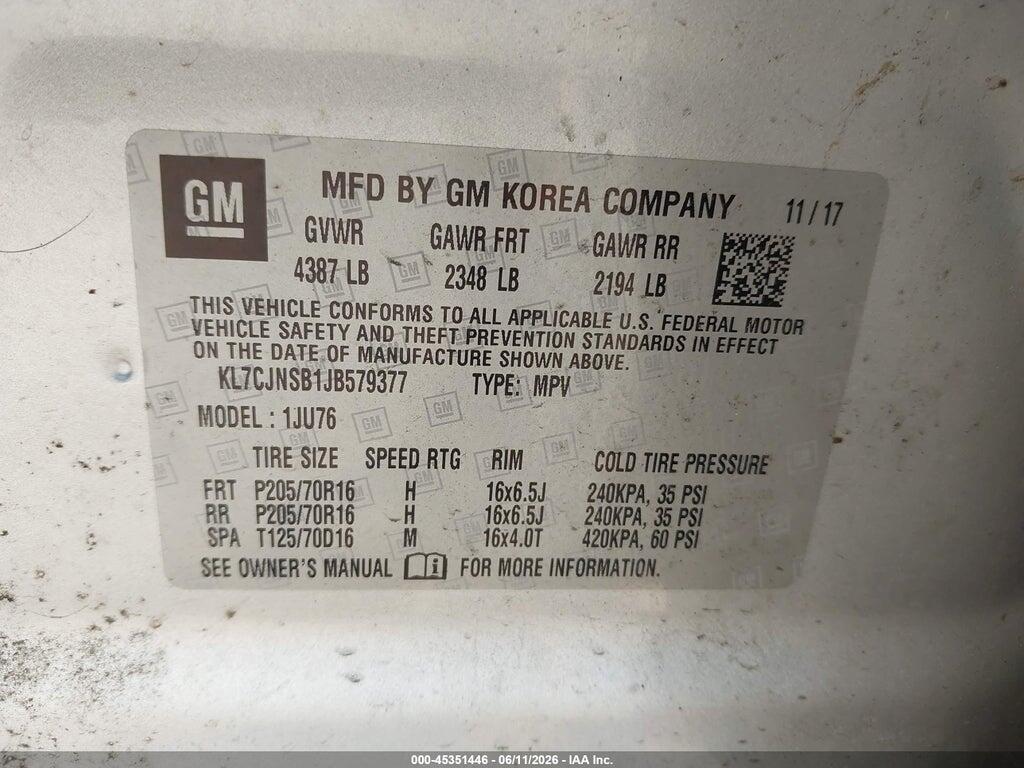KL7CJNSB1JB579377 2018 CHEVROLET TRAX photo no. 9