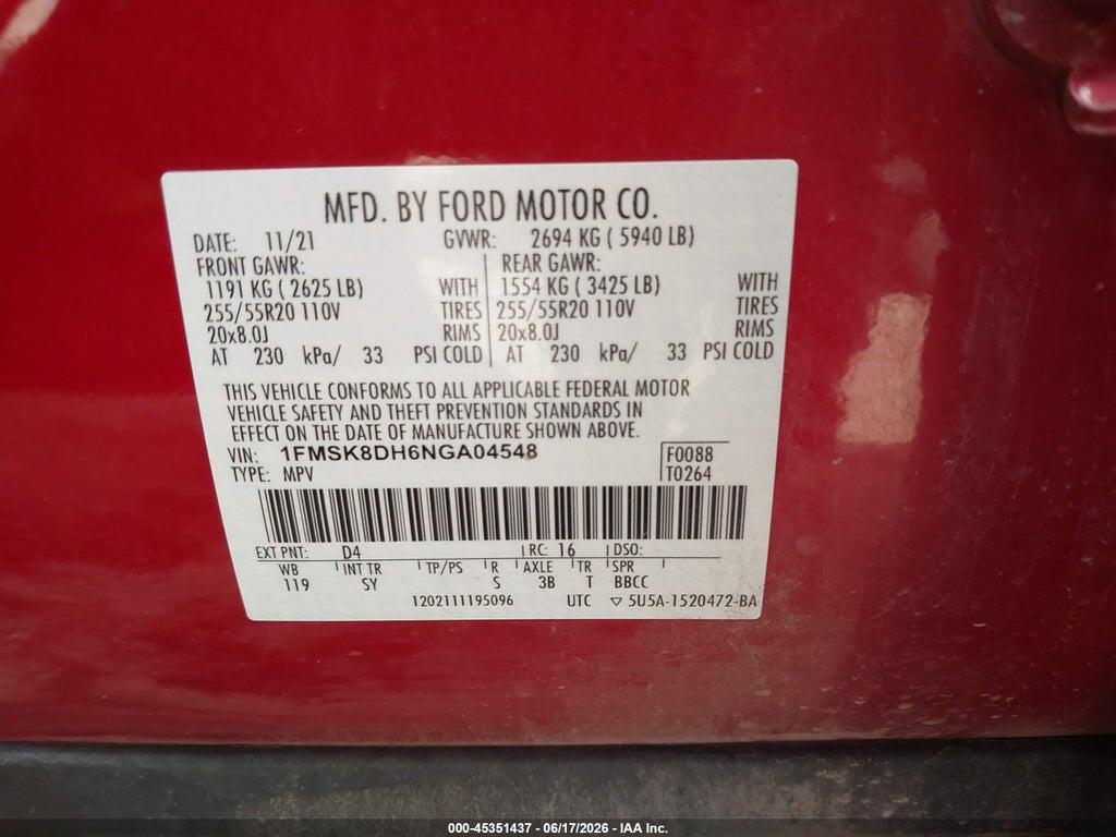 1FMSK8DH6NGA04548 2022 FORD EXPLORER photo no. 9