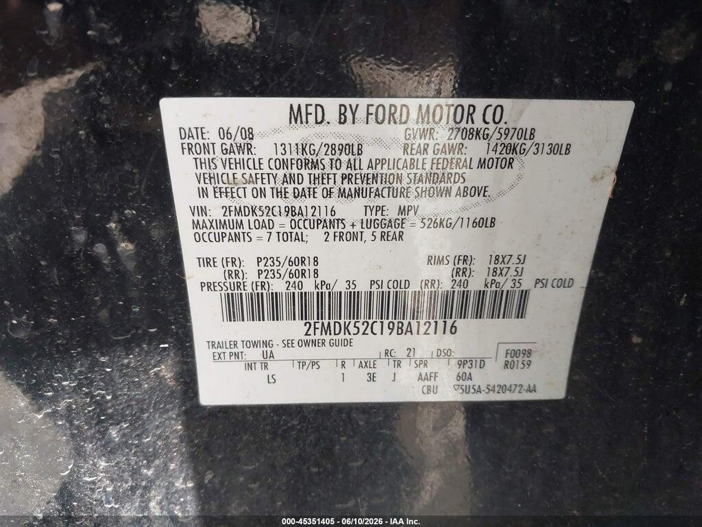 2FMDK52C19BA12116 2009 FORD FLEX photo no. 9