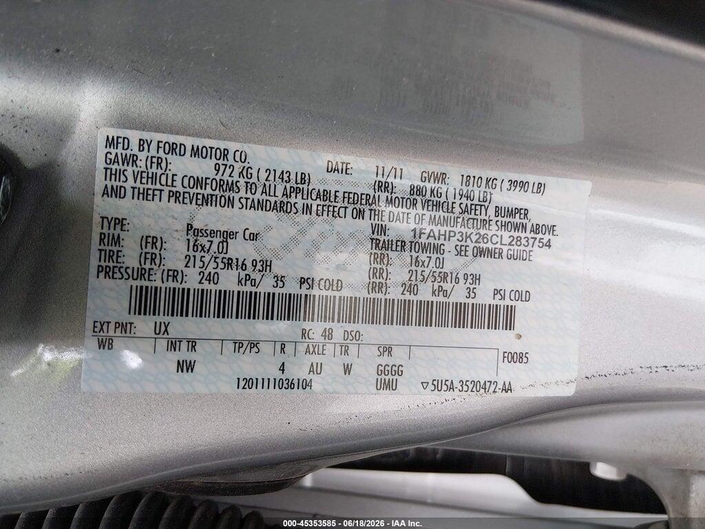 1FAHP3K26CL283754 2012 FORD FOCUS photo no. 9