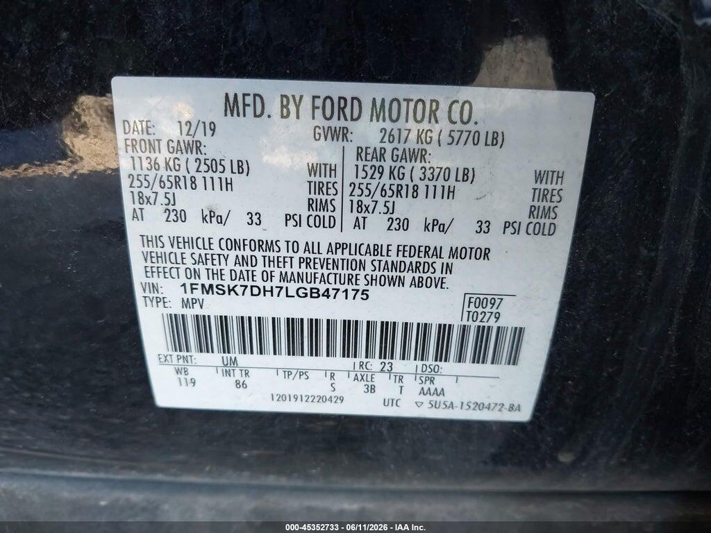 1FMSK7DH7LGB47175 2020 FORD EXPLORER photo no. 9