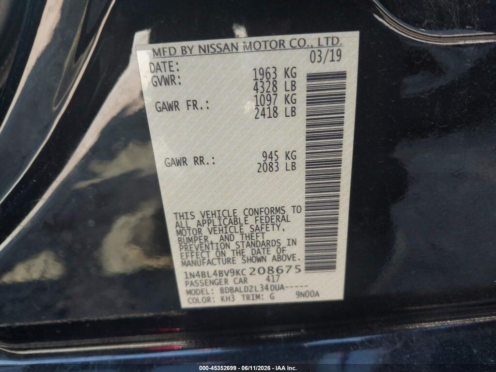 1N4BL4BV9KC208675 2019 NISSAN ALTIMA photo no. 9