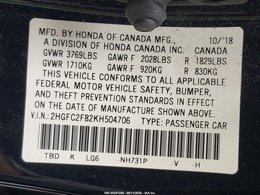 2HGFC2F82KH504706 2019 HONDA CIVIC photo no. 9
