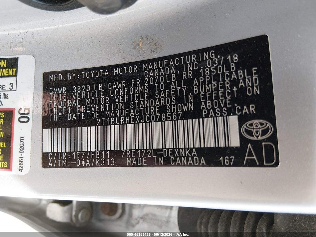 2T1BURHEXJC078567 2018 TOYOTA COROLLA photo no. 9