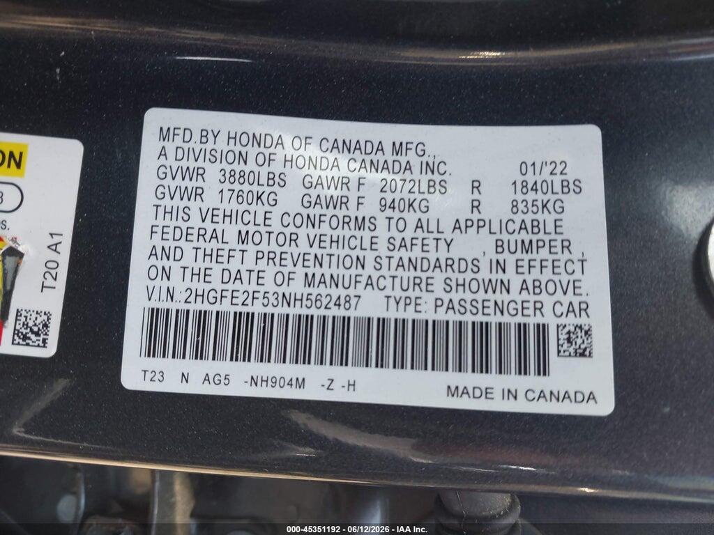 2HGFE2F53NH562487 2022 HONDA CIVIC photo no. 9