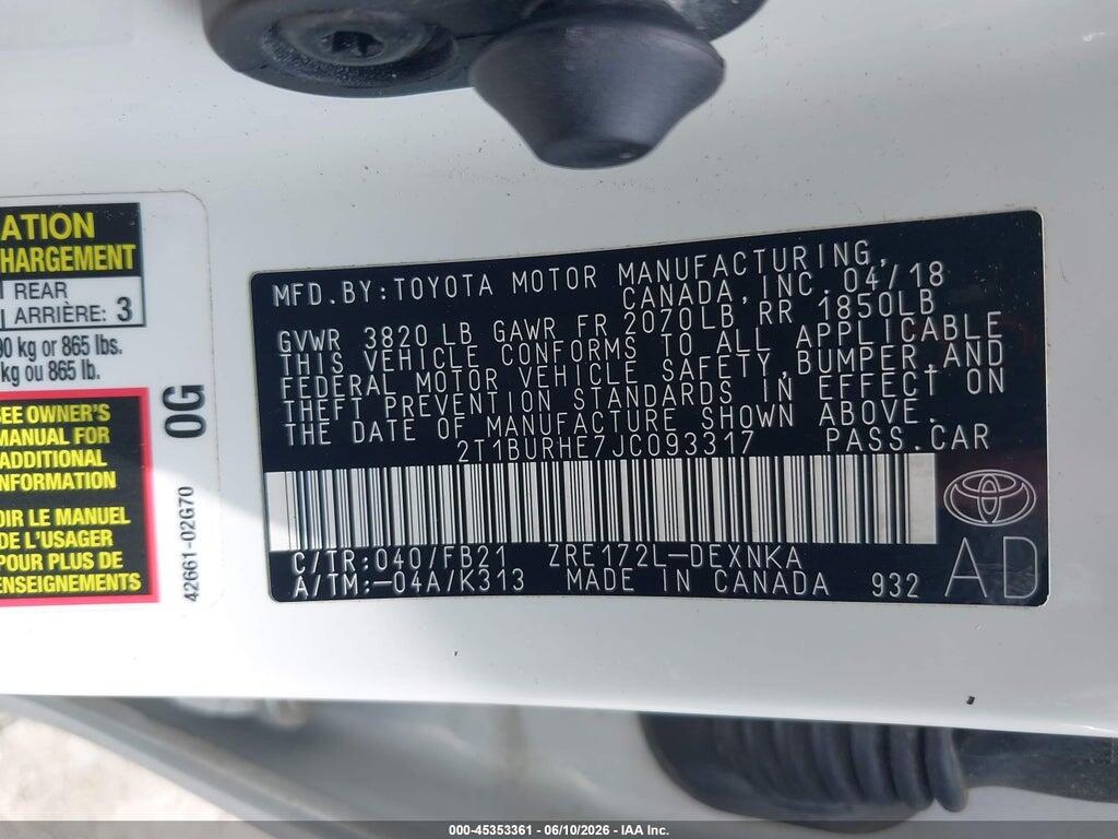 2T1BURHE7JC093317 2018 TOYOTA COROLLA photo no. 9