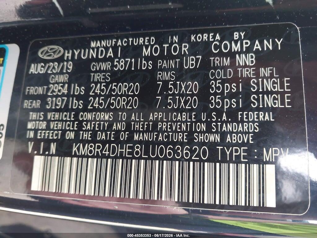 KM8R4DHE8LU063620 2020 HYUNDAI PALISADE photo no. 9