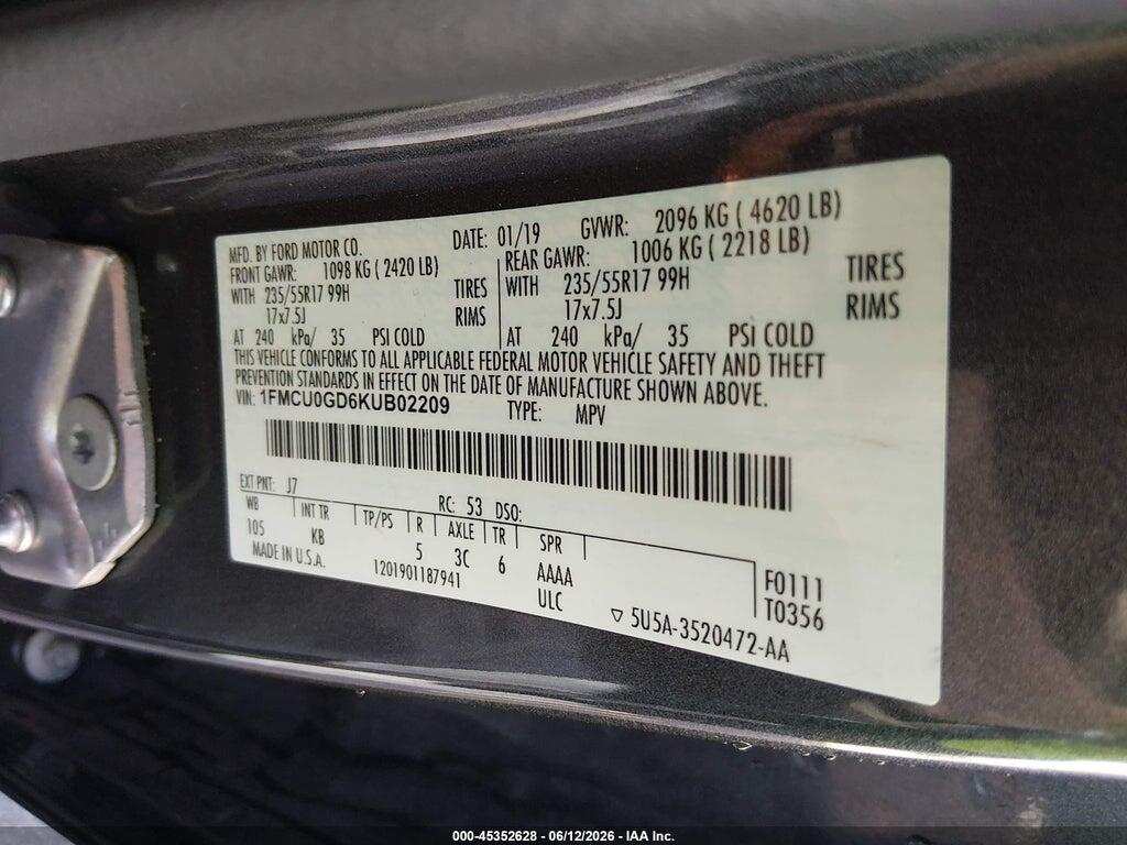 1FMCU0GD6KUB02209 2019 FORD ESCAPE photo no. 9