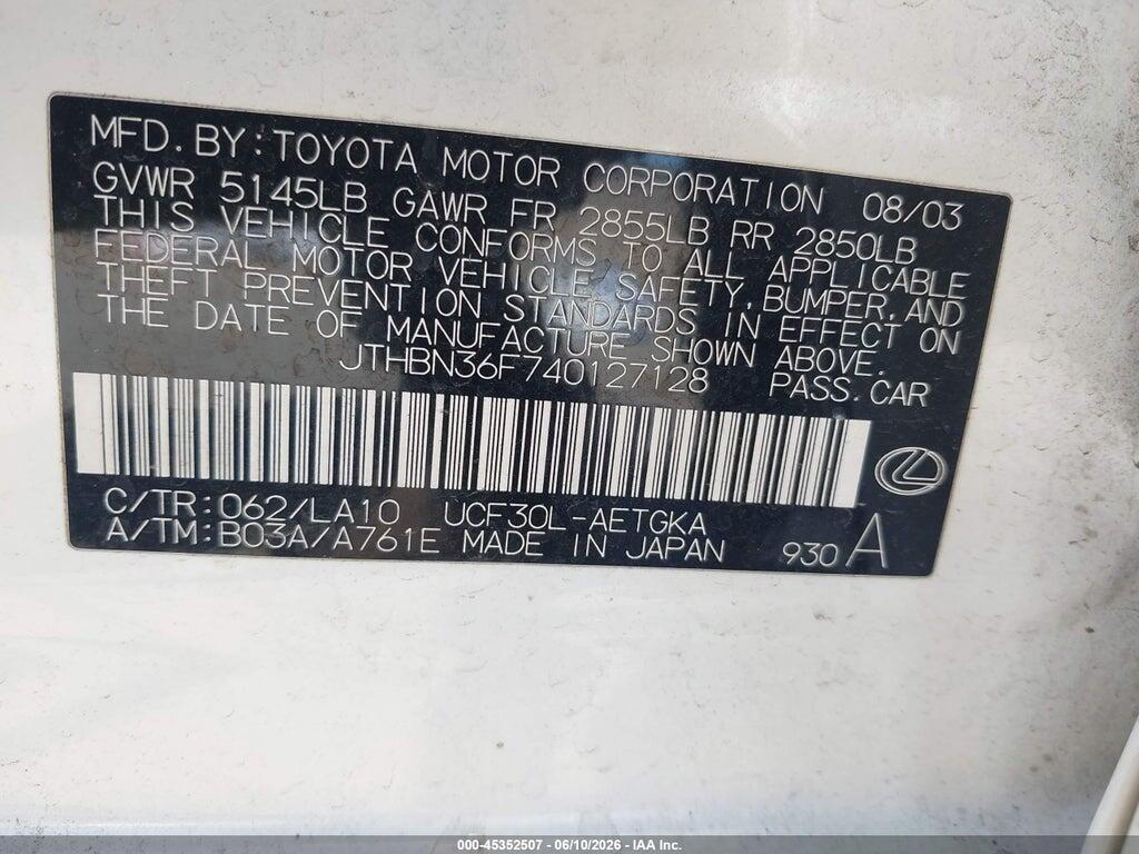 JTHBN36F740127128 2004 LEXUS LS 430 photo no. 9