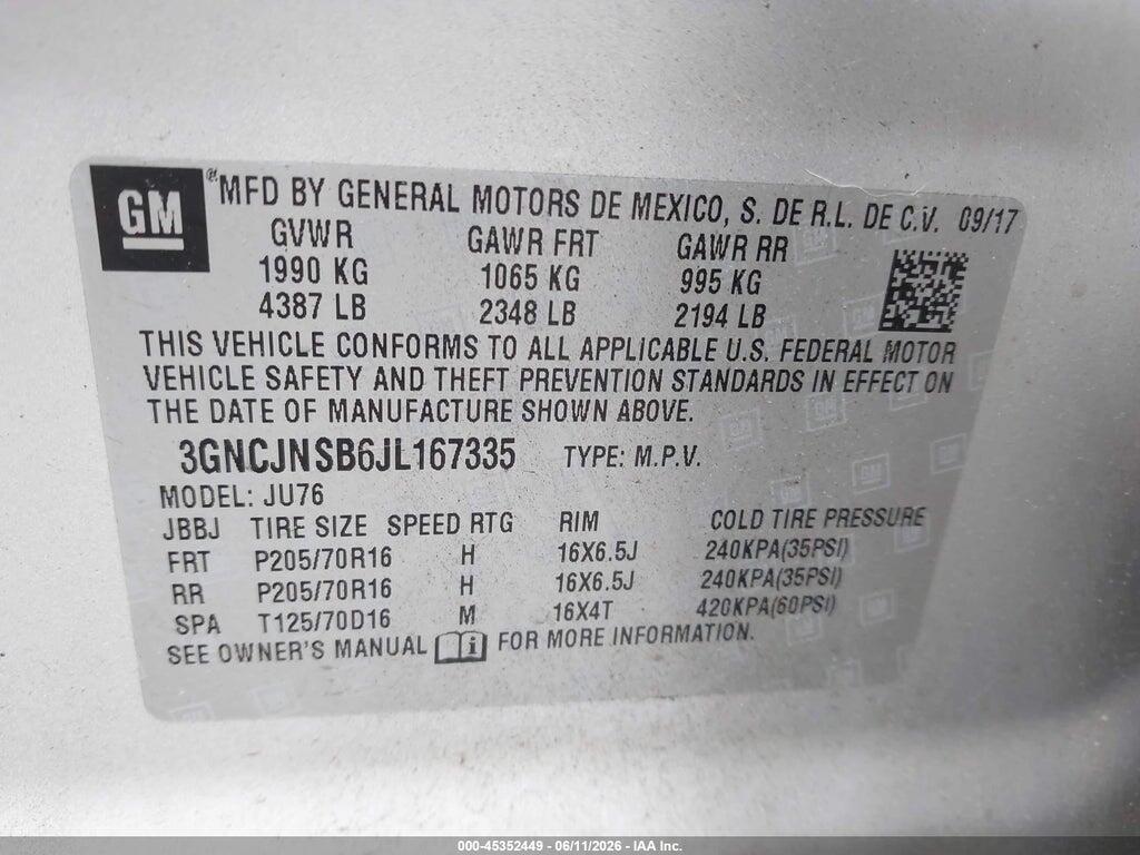 3GNCJNSB6JL167335 2018 CHEVROLET TRAX photo no. 9