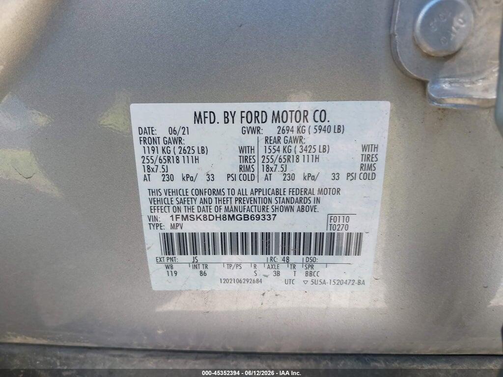 1FMSK8DH8MGB69337 2021 FORD EXPLORER photo no. 9