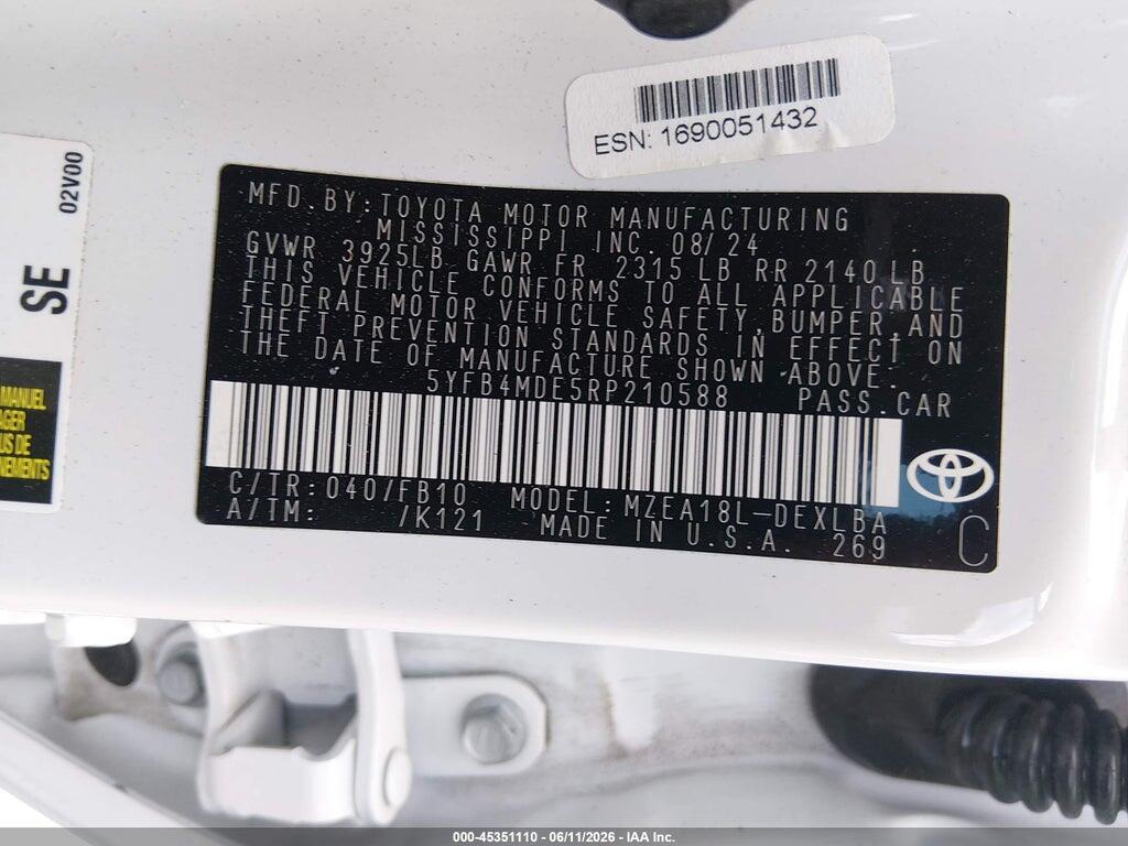 5YFB4MDE5RP210588 2024 TOYOTA COROLLA photo no. 9