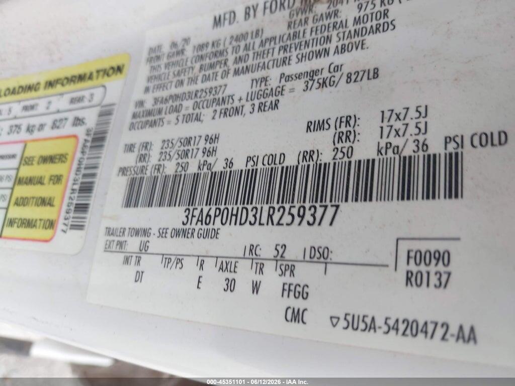 3FA6P0HD3LR259377 2020 FORD FUSION photo no. 9