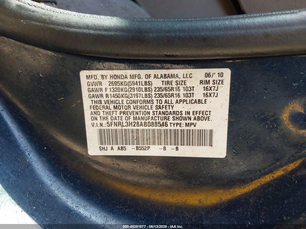 5FNRL3H28AB088546 2010 HONDA ODYSSEY photo no. 9