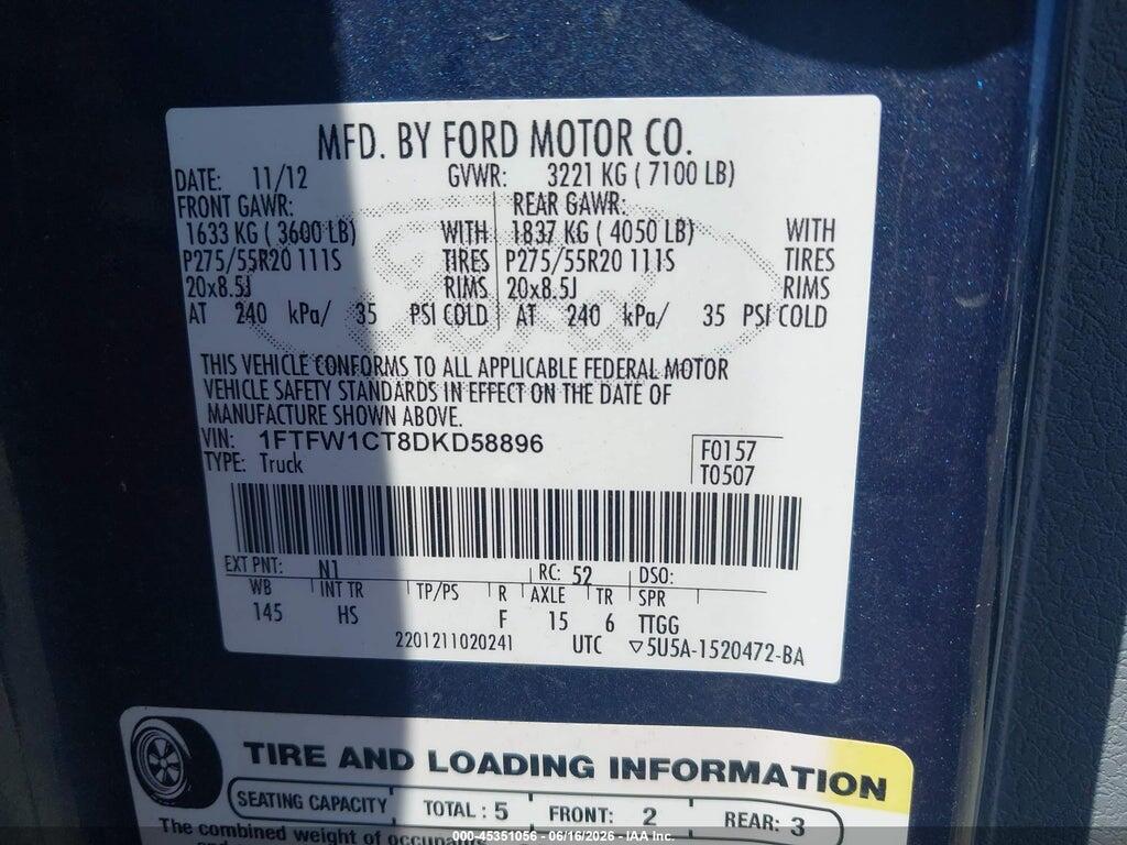1FTFW1CT8DKD58896 2013 FORD F-150 photo no. 9