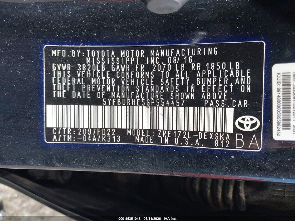 5YFBURHE5GP554457 2016 TOYOTA COROLLA photo no. 9
