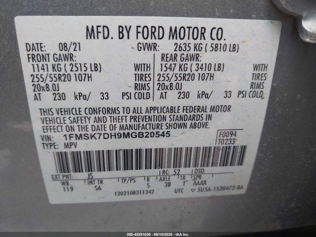1FMSK7DH9MGB20545 2021 FORD EXPLORER photo no. 9