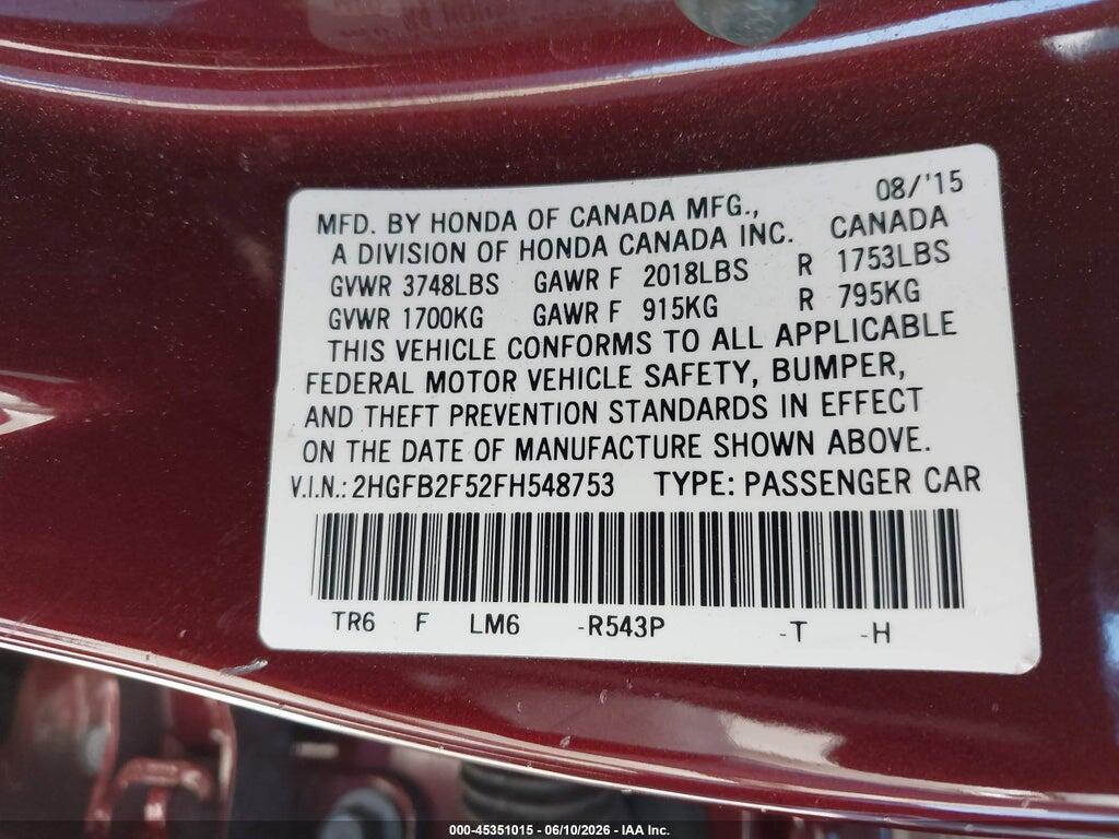 2HGFB2F52FH548753 2015 HONDA CIVIC photo no. 9