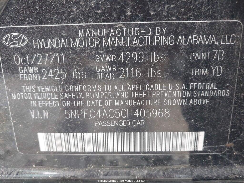5NPEC4AC5CH405968 2012 HYUNDAI SONATA photo no. 9