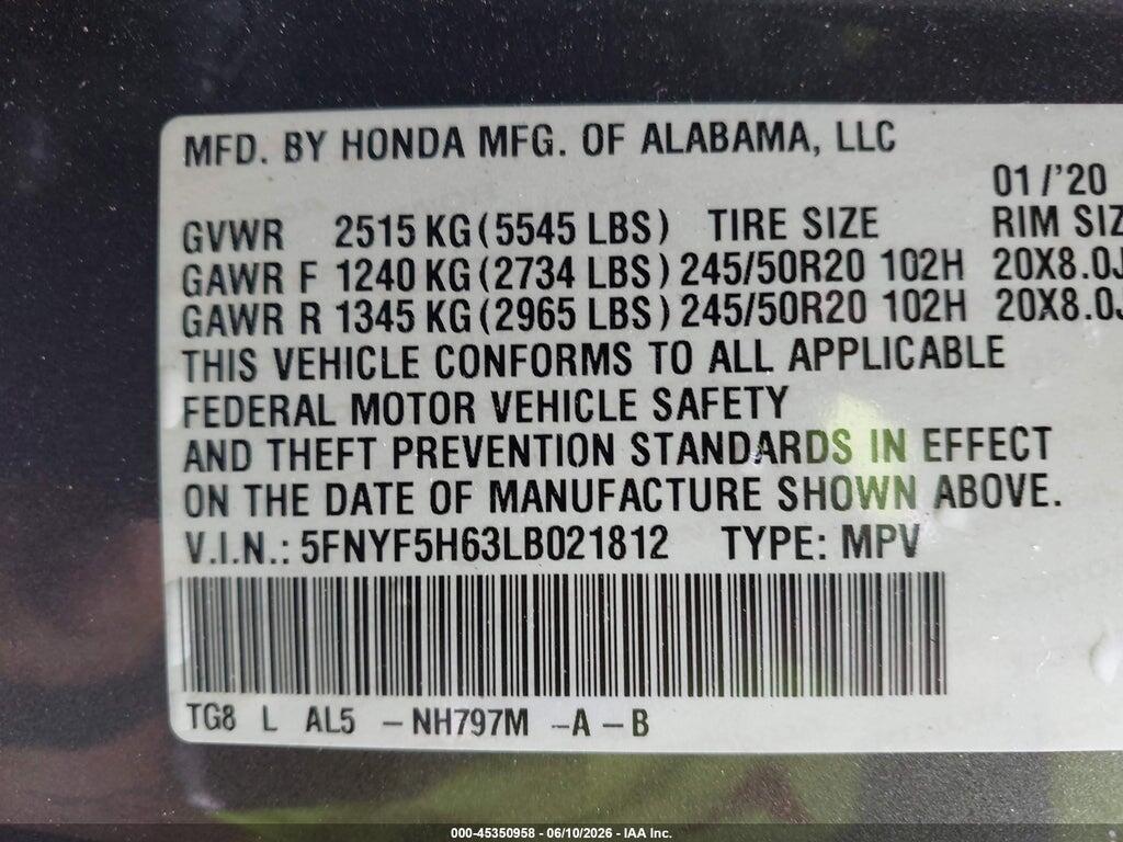 5FNYF5H63LB021812 2020 HONDA PILOT photo no. 9