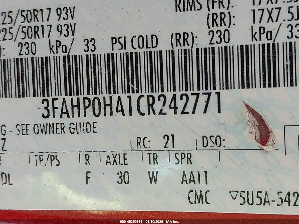 3FAHP0HA1CR242771 2012 FORD FUSION photo no. 9