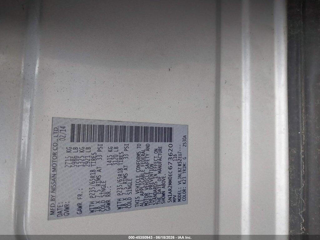 5N1AR2MM0EC673620 2014 NISSAN PATHFINDER photo no. 9