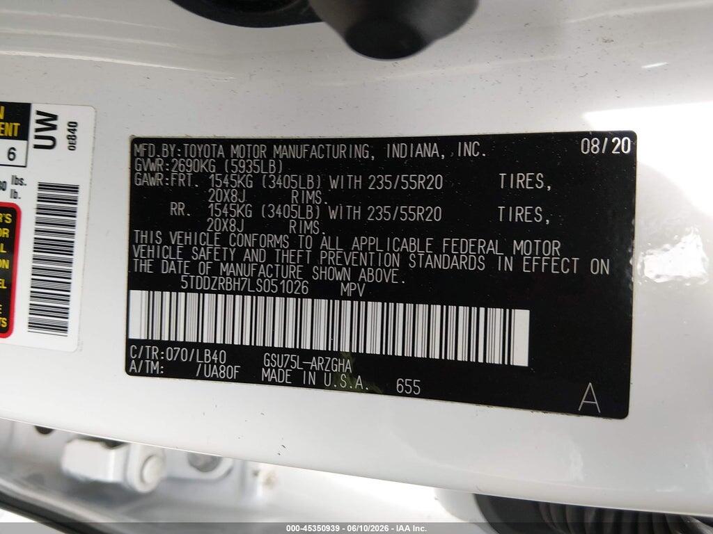 5TDDZRBH7LS051026 2020 TOYOTA HIGHLANDER photo no. 9
