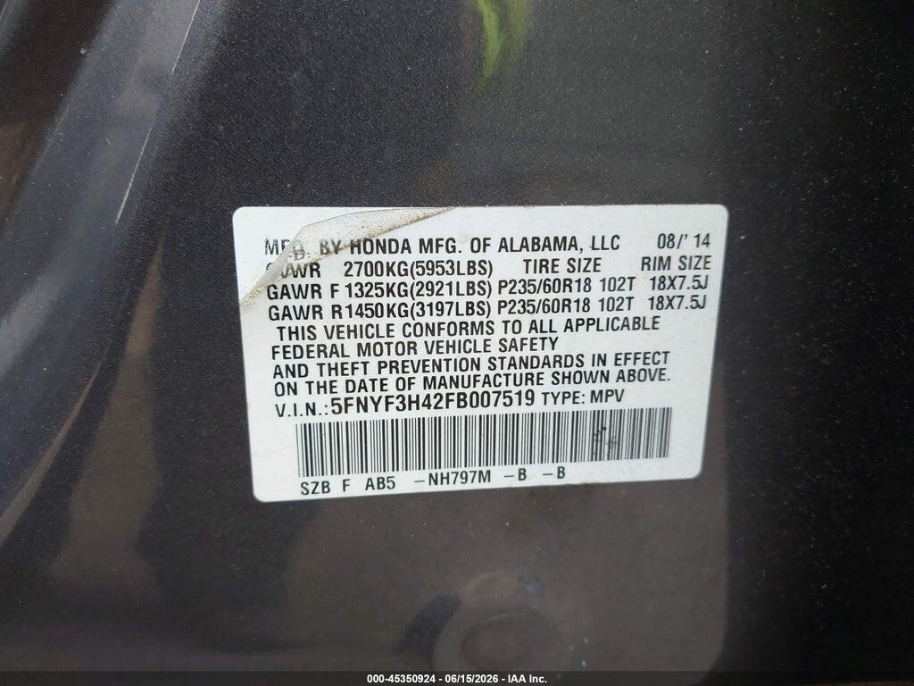 5FNYF3H42FB007519 2015 HONDA PILOT photo no. 9