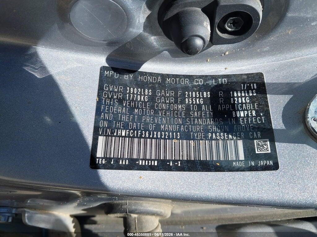 JHMFC1F36JX032113 2018 HONDA CIVIC photo no. 9