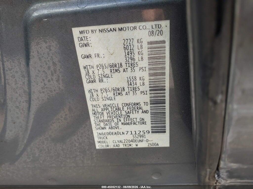 1N6ED0EA0LN711259 2020 NISSAN FRONTIER photo no. 9