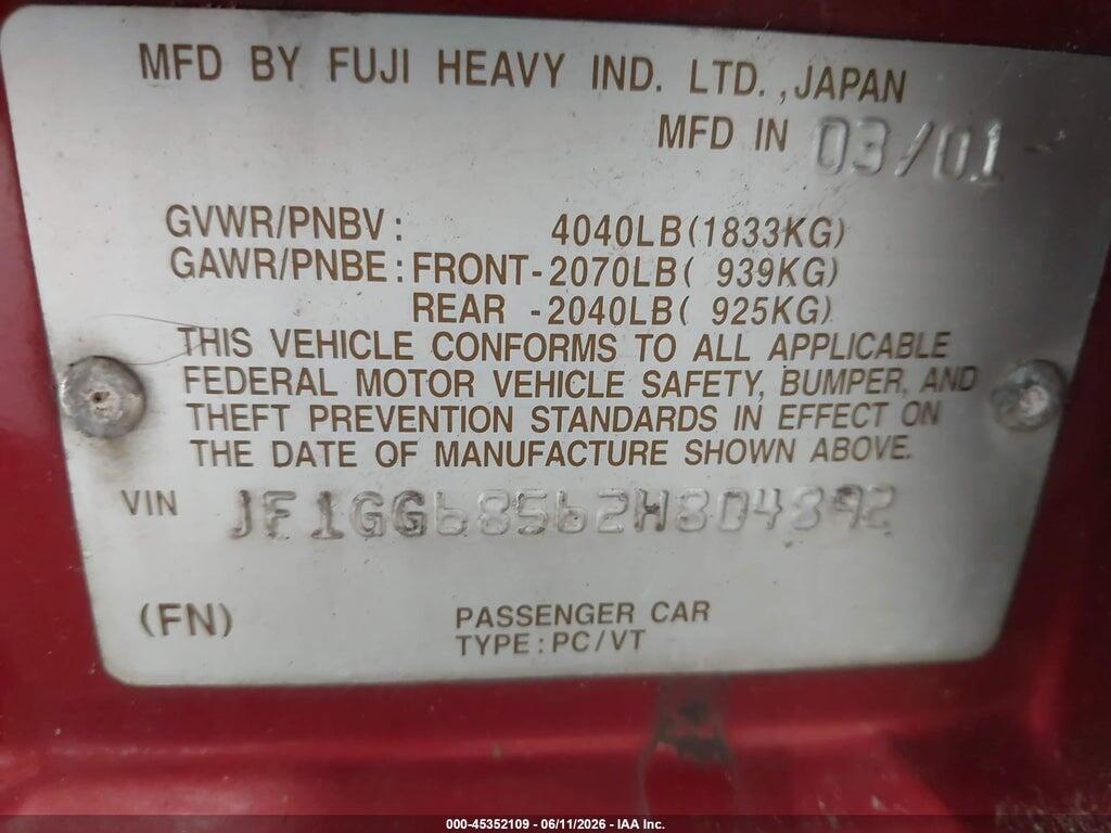 JF1GG68562H804892 2002 SUBARU IMPREZA OUTBACK SPORT photo no. 9