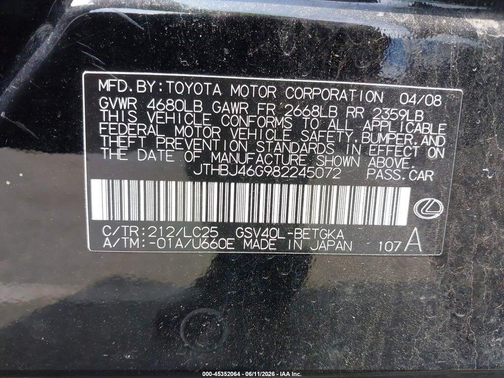 JTHBJ46G982245072 2008 LEXUS ES 350 photo no. 9