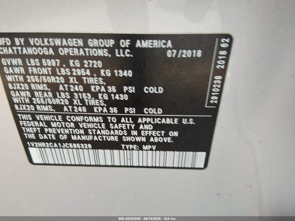 1V2NR2CA1JC585326 2018 VOLKSWAGEN ATLAS photo no. 9