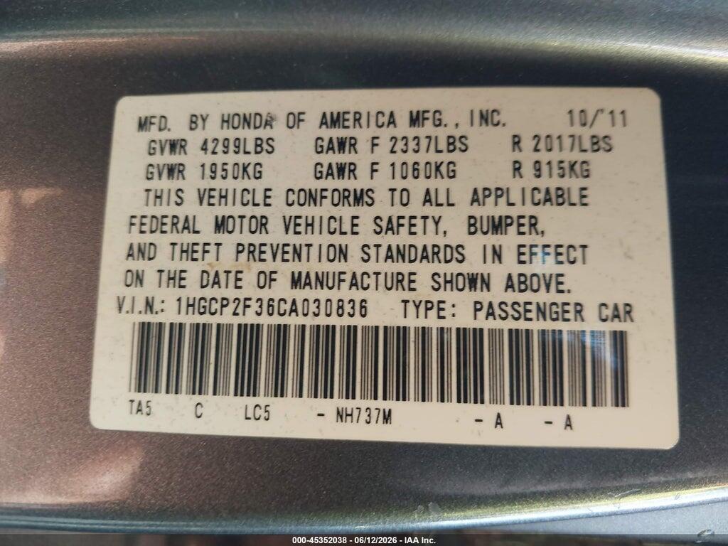 1HGCP2F36CA030836 2012 HONDA ACCORD photo no. 9