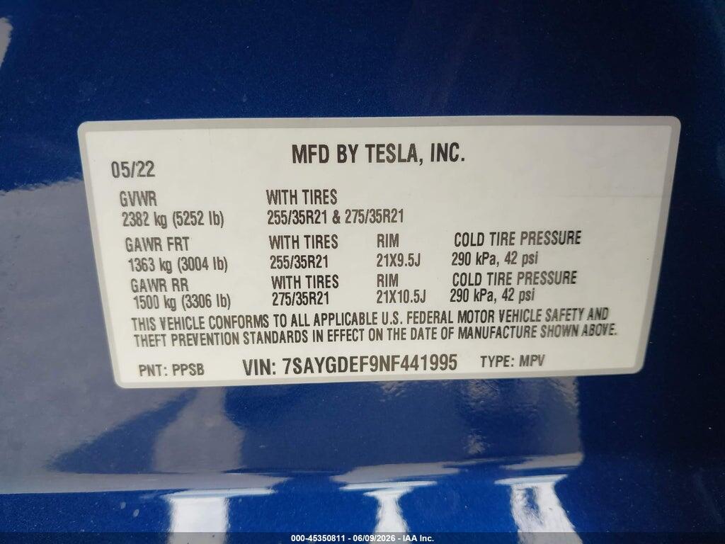 7SAYGDEF9NF441995 2022 TESLA MODEL Y photo no. 9