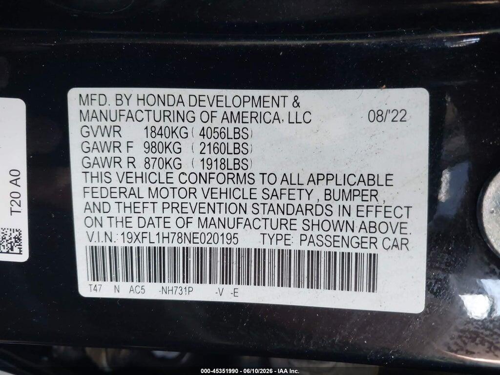 19XFL1H78NE020195 2022 HONDA CIVIC photo no. 9