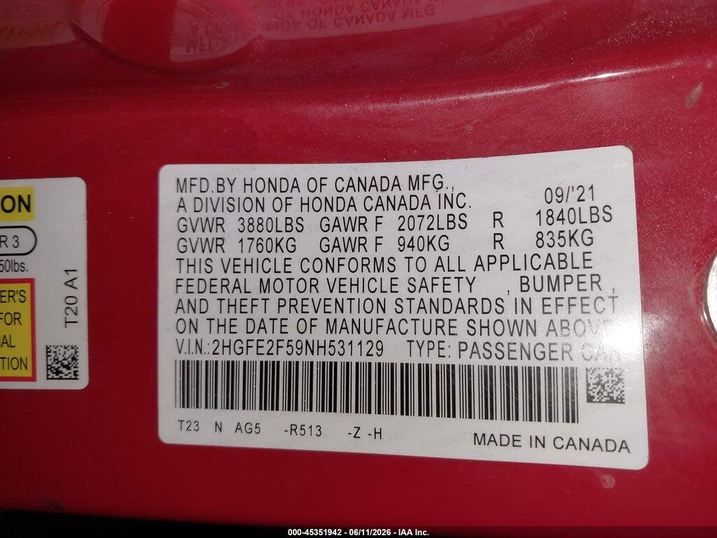 2HGFE2F59NH531129 2022 HONDA CIVIC photo no. 9
