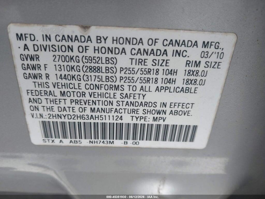 2HNYD2H63AH511124 2010 ACURA MDX photo no. 9