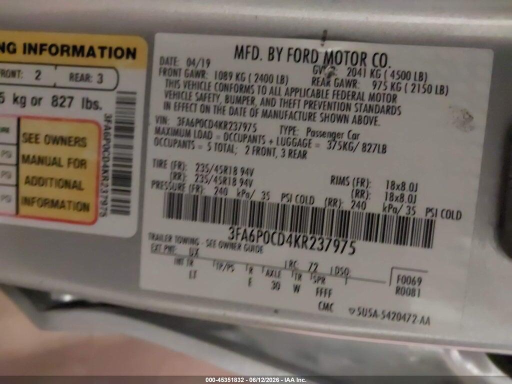 3FA6P0CD4KR237975 2019 FORD FUSION photo no. 9