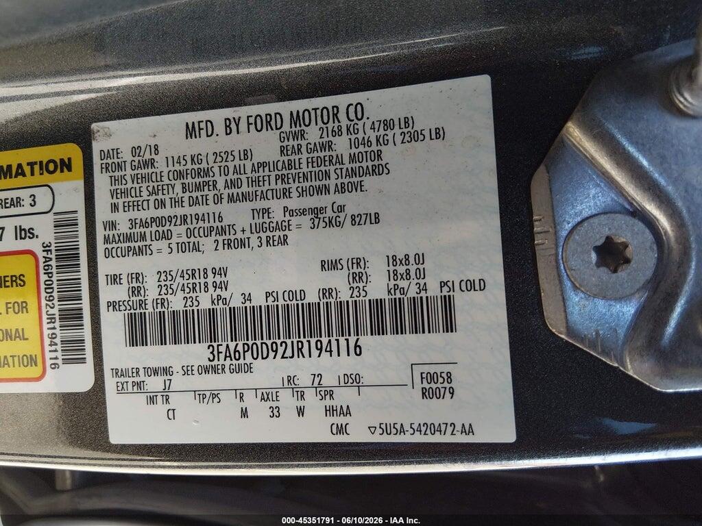 3FA6P0D92JR194116 2018 FORD FUSION photo no. 9