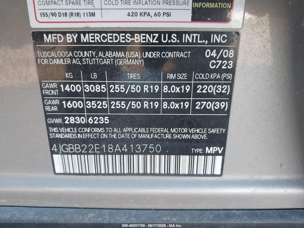 4JGBB22E18A413750 2008 MERCEDES-BENZ ML 320 CDI photo no. 9