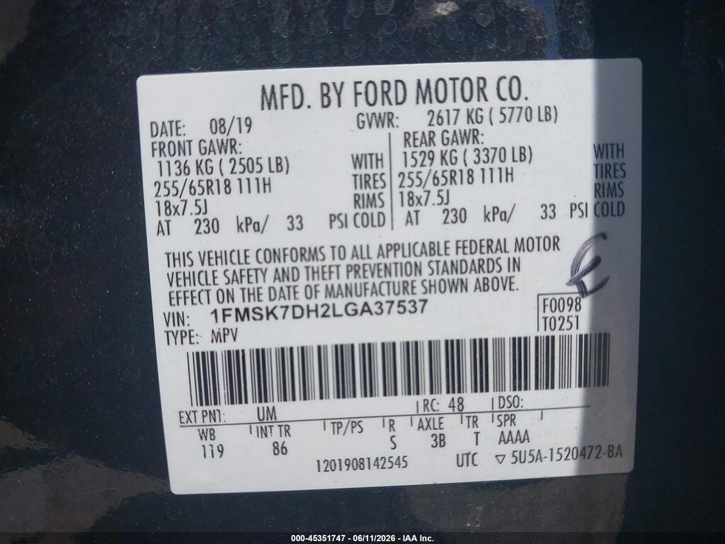 1FMSK7DH2LGA37537 2020 FORD EXPLORER photo no. 9