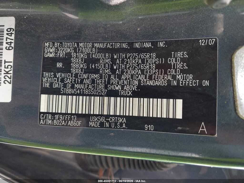 5TBBV54118S502527 2008 TOYOTA TUNDRA photo no. 9